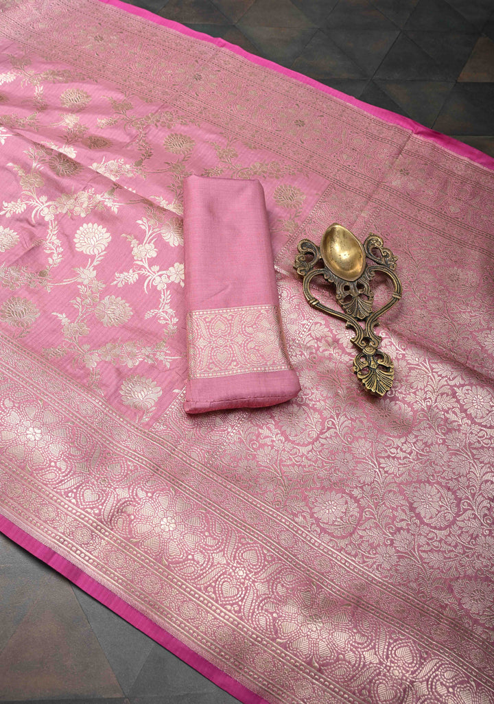 Dull Pink Banarasi Katan Silk Saree With floral jaal  and Zari border| SILK MARK CERTIFIED