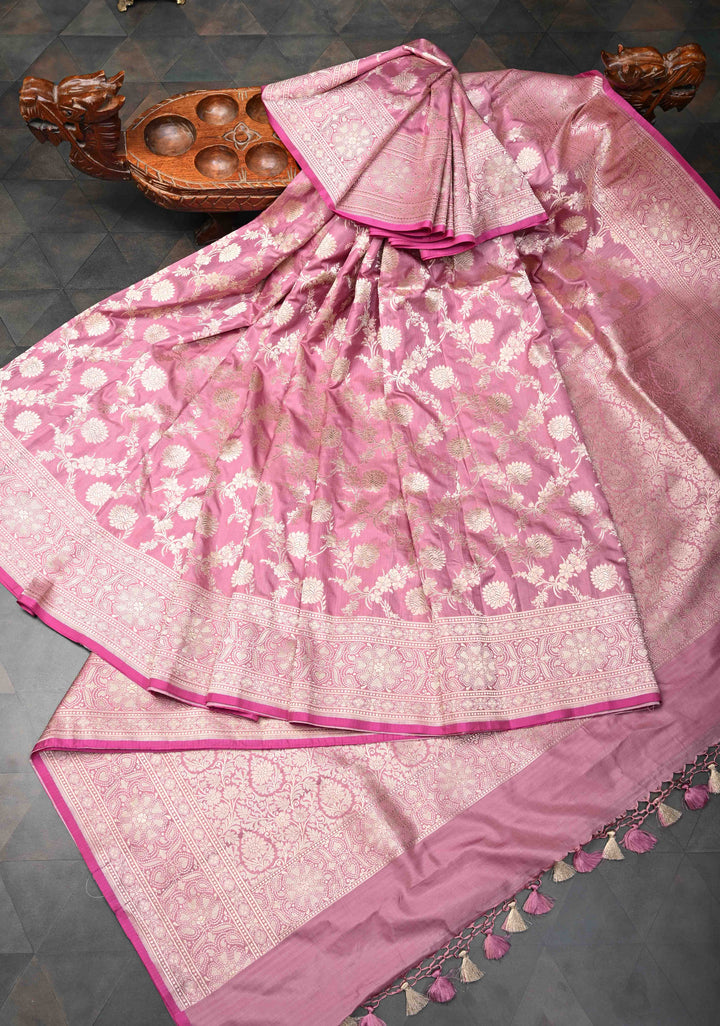 Dull Pink Banarasi Katan Silk Saree With floral jaal  and Zari border| SILK MARK CERTIFIED
