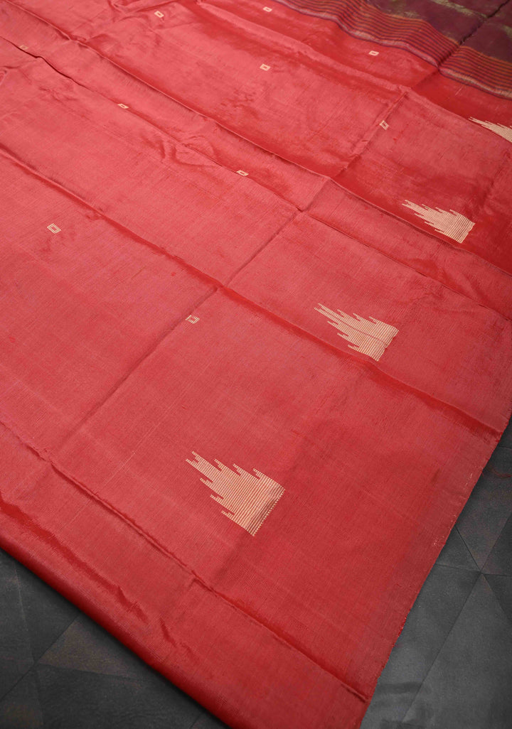 Coral Red Borderless Vegan Silk Handloom Saree with Resham Temple Motifs and Contrast Pallu, No Blouse Piece