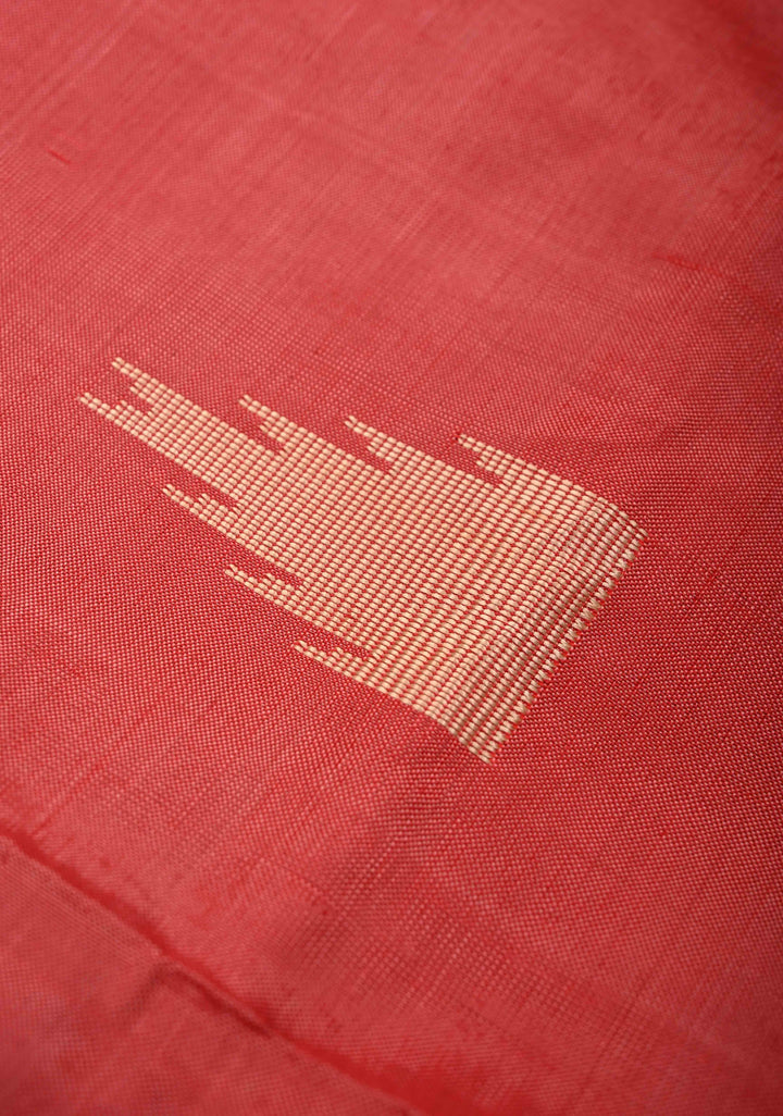 Coral Red Borderless Vegan Silk Handloom Saree with Resham Temple Motifs and Contrast Pallu, No Blouse Piece