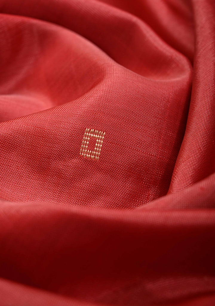 Coral Red Borderless Vegan Silk Handloom Saree with Resham Temple Motifs and Contrast Pallu, No Blouse Piece