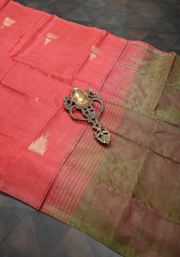 Coral Red Borderless Vegan Silk Handloom Saree with Resham Temple Motifs and Contrast Pallu, No Blouse Piece