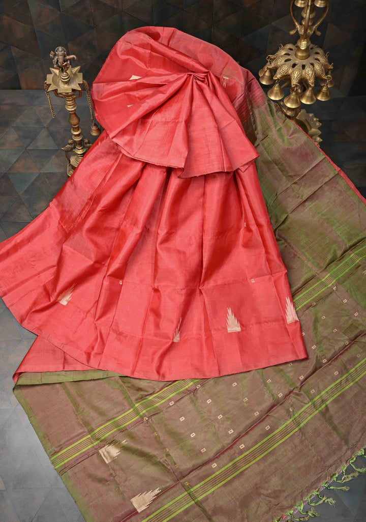 Coral Red Borderless Vegan Silk Handloom Saree with Resham Temple Motifs and Contrast Pallu, No Blouse Piece