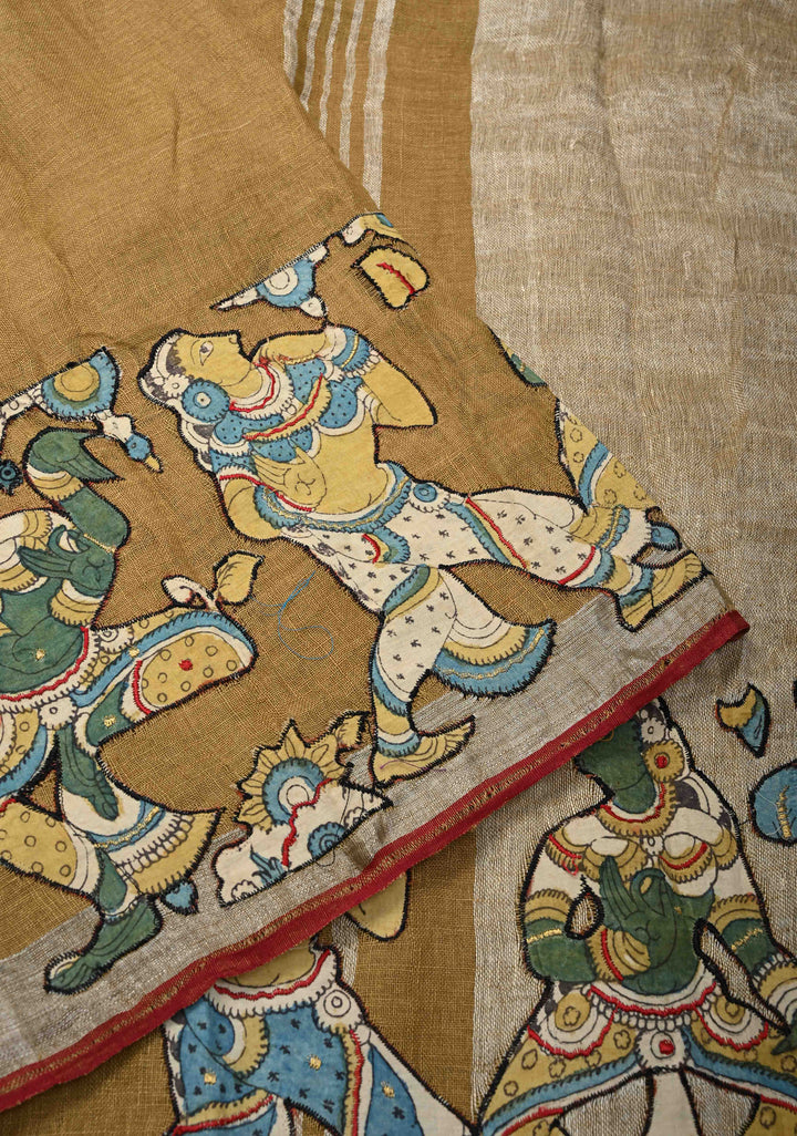 Camel Brown Linen Saree with Kalamkari Dancers Motifs and Zari Borders