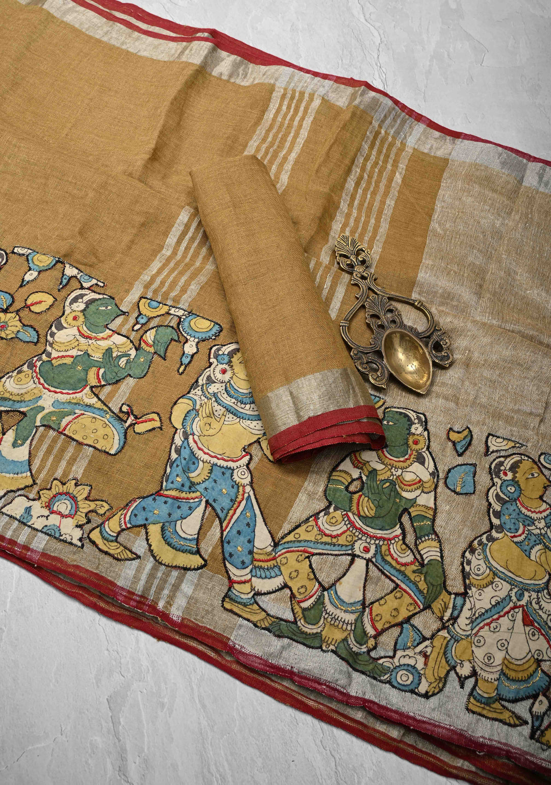 Camel Brown Linen Saree with Kalamkari Dancers Motifs and Zari Borders