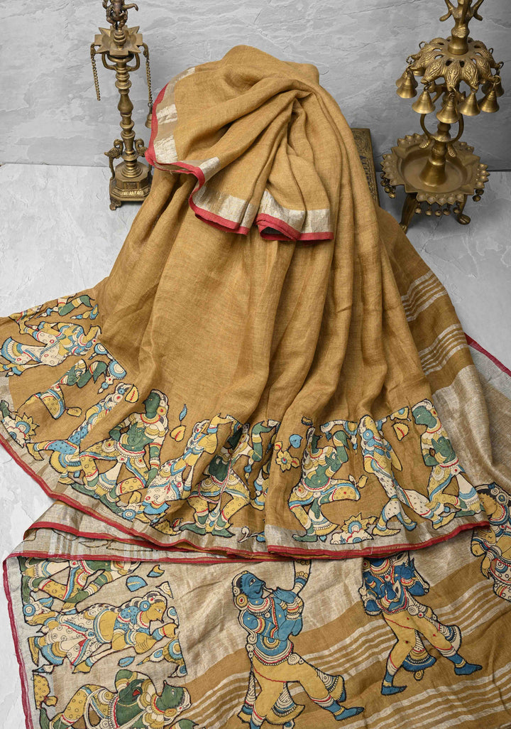 Camel Brown Linen Saree with Kalamkari Dancers Motifs and Zari Borders
