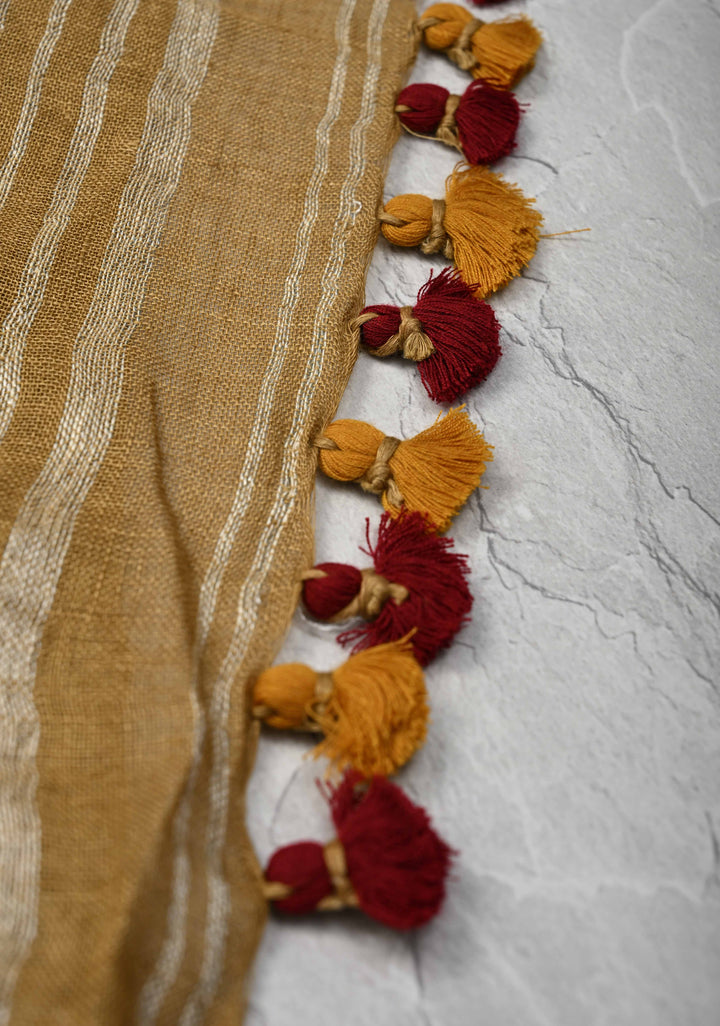 Camel Brown Linen Saree with Kalamkari Dancers Motifs and Zari Borders