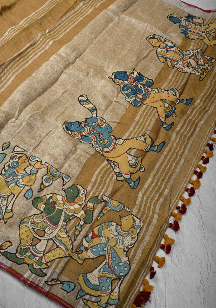 Camel Brown Linen Saree with Kalamkari Dancers Motifs and Zari Borders