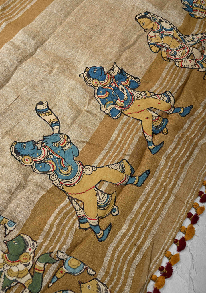Camel Brown Linen Saree with Kalamkari Dancers Motifs and Zari Borders