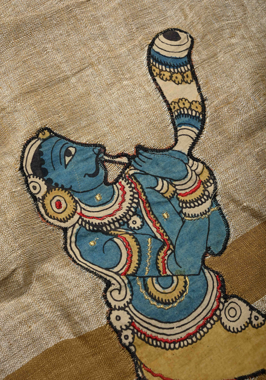 Camel Brown Linen Saree with Kalamkari Dancers Motifs and Zari Borders