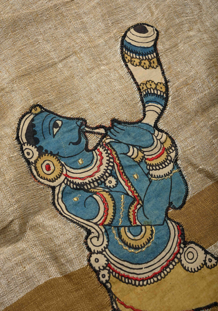 Camel Brown Linen Saree with Kalamkari Dancers Motifs and Zari Borders