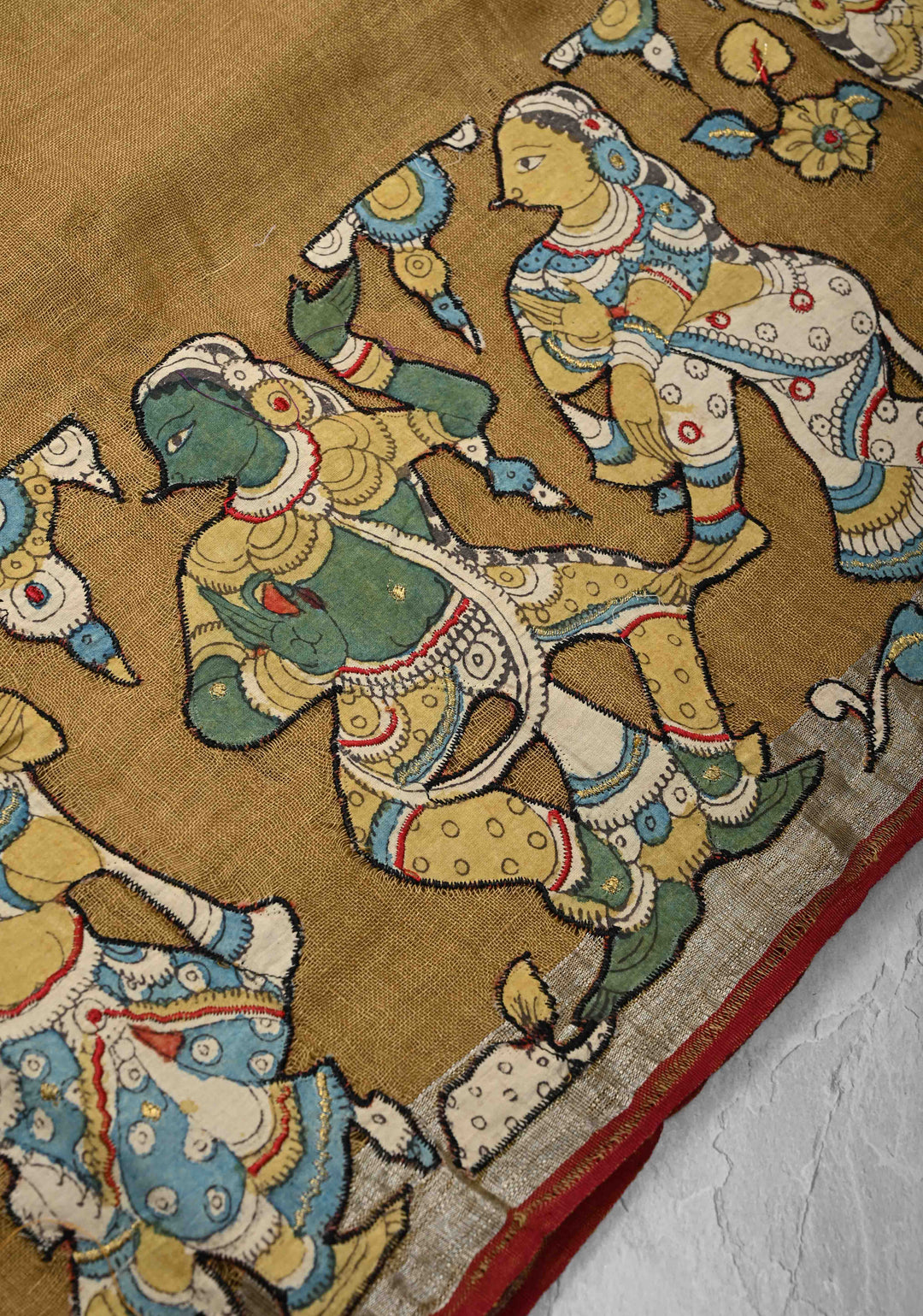 Camel Brown Linen Saree with Kalamkari Dancers Motifs and Zari Borders