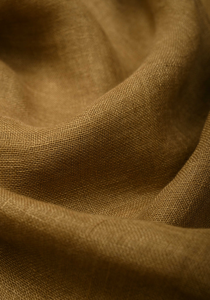 Camel Brown Linen Saree with Kalamkari Dancers Motifs and Zari Borders