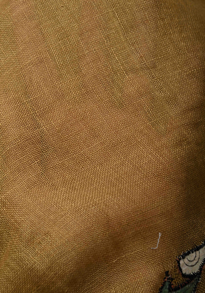 Camel Brown Linen Saree with Kalamkari Dancers Motifs and Zari Borders