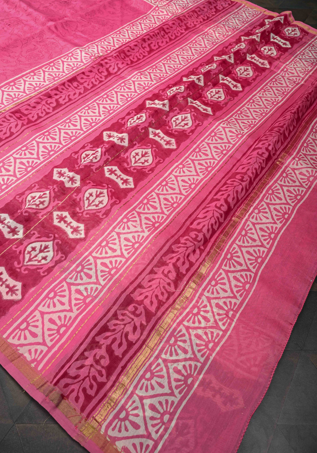 Pink Chanderi Cotton Silk Saree with Hand Block Print and Zari Border