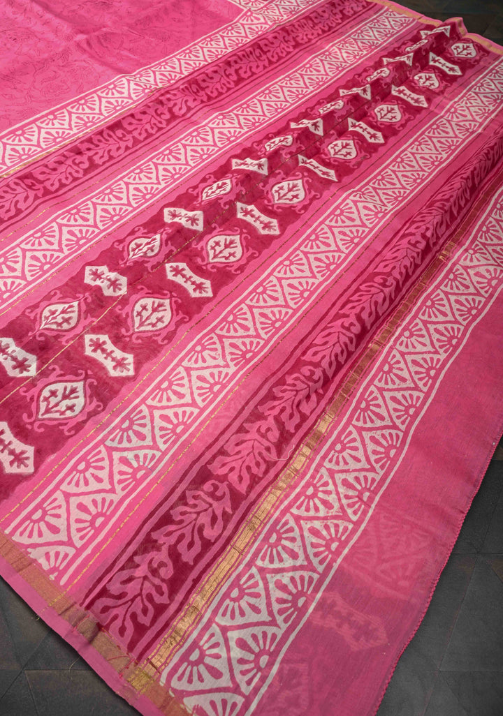 Pink Chanderi Cotton Silk Saree with Hand Block Print and Zari Border