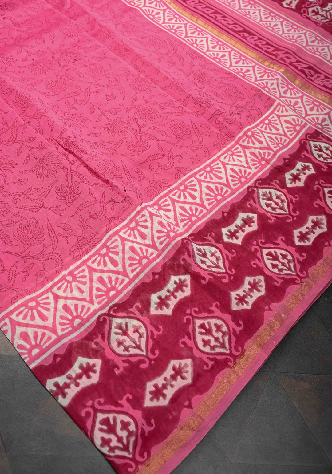 Pink Chanderi Cotton Silk Saree with Hand Block Print and Zari Border
