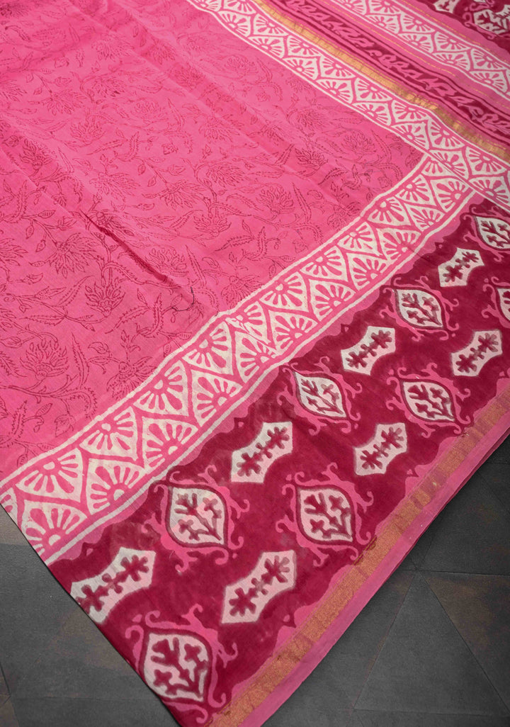 Pink Chanderi Cotton Silk Saree with Hand Block Print and Zari Border