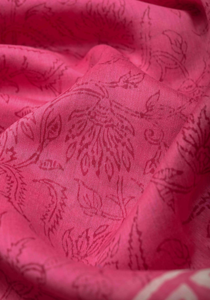 Pink Chanderi Cotton Silk Saree with Hand Block Print and Zari Border