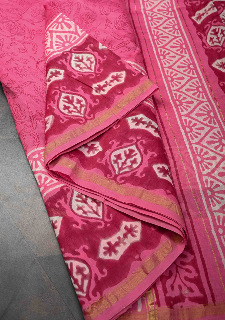 Pink Chanderi Cotton Silk Saree with Hand Block Print and Zari Border