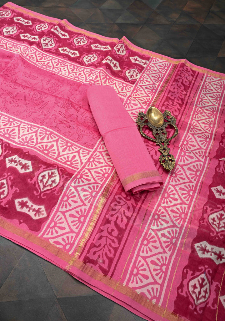 Pink Chanderi Cotton Silk Saree with Hand Block Print and Zari Border