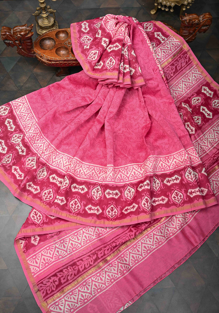 Pink Chanderi Cotton Silk Saree with Hand Block Print and Zari Border