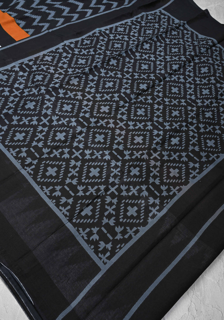 Black Hand block Print on Mul Cotton Saree with Chevron Pattern and Gray Border