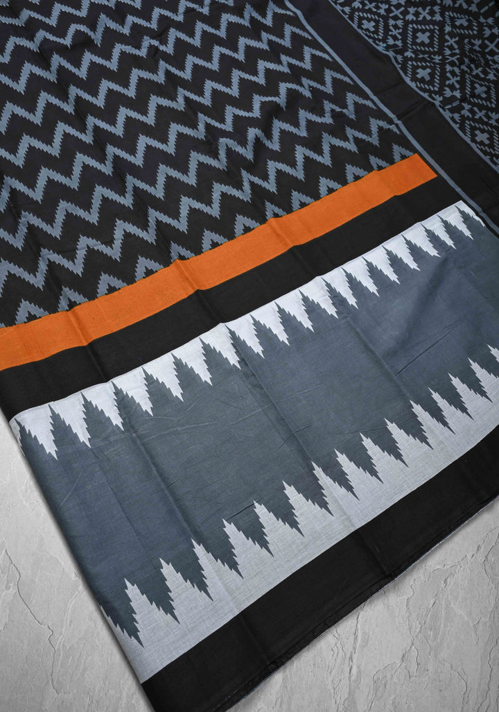 Black Hand block Print on Mul Cotton Saree with Chevron Pattern and Gray Border