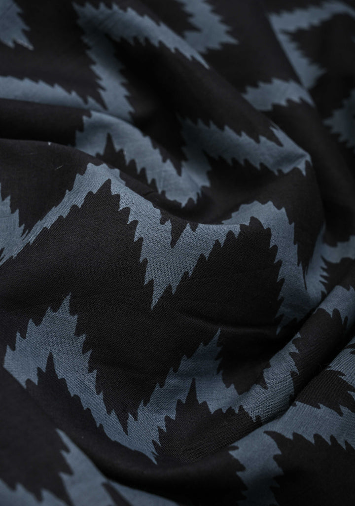 Black Hand block Print on Mul Cotton Saree with Chevron Pattern and Gray Border