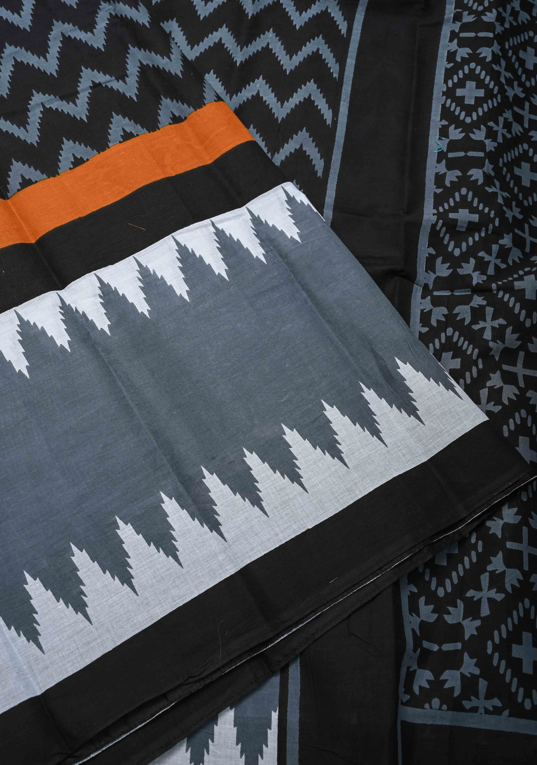 Black Hand block Print on Mul Cotton Saree with Chevron Pattern and Gray Border