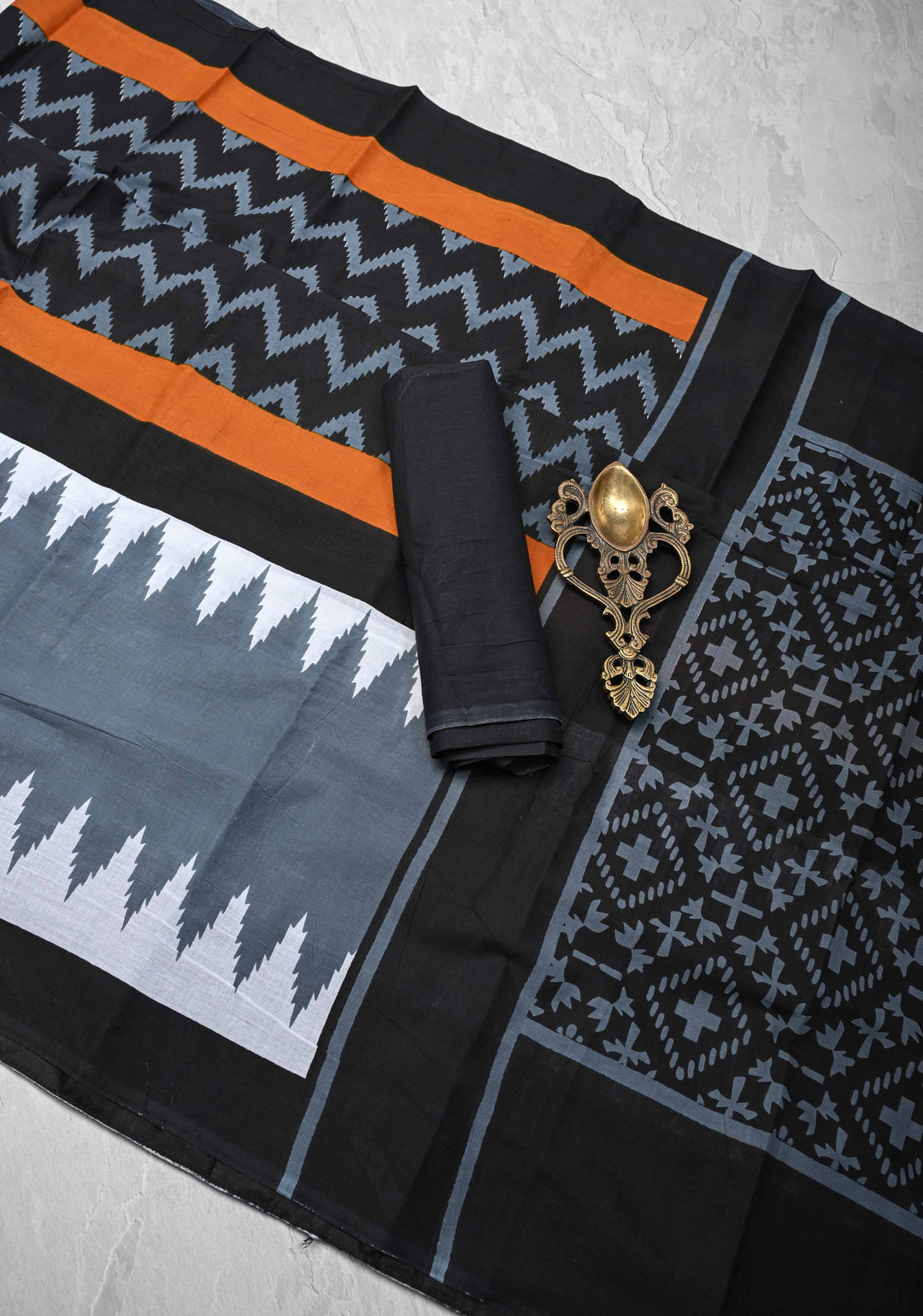 Black Hand block Print on Mul Cotton Saree with Chevron Pattern and Gray Border