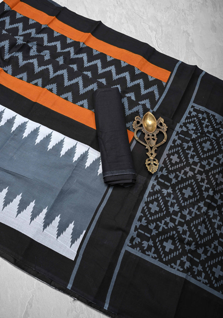 Black Hand block Print on Mul Cotton Saree with Chevron Pattern and Gray Border