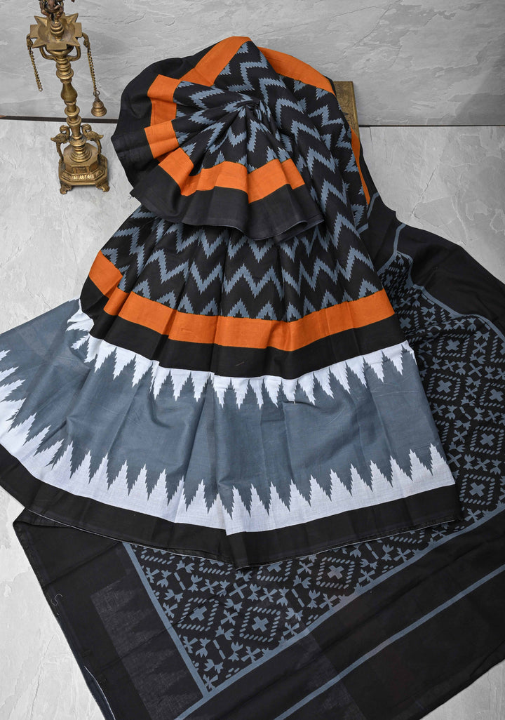 Black Hand block Print on Mul Cotton Saree with Chevron Pattern and Gray Border