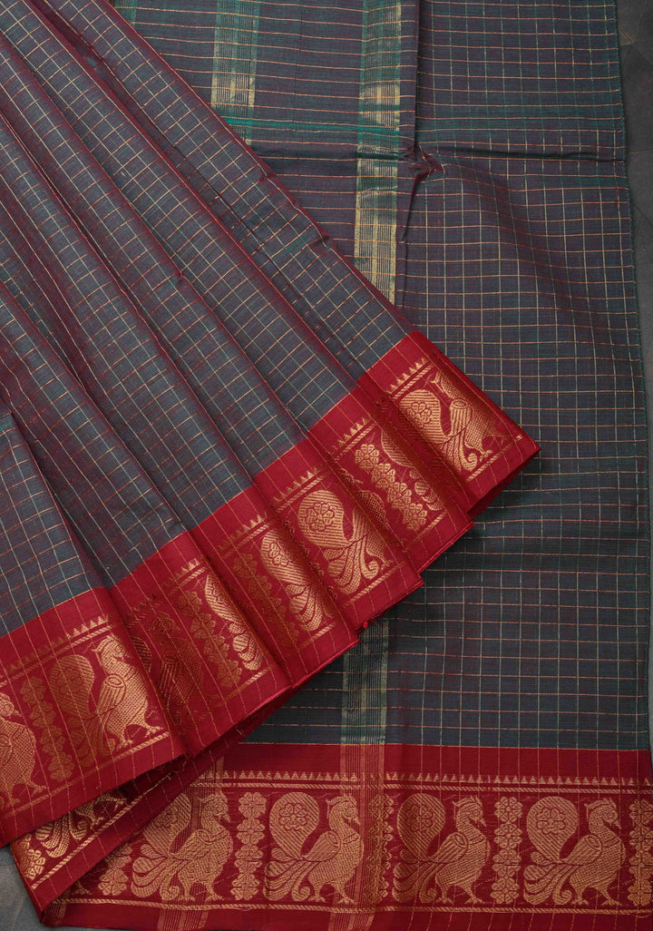 Dark Green Dual tone Zari Checks Pattern on Chettinad Cotton Saree with Contrast Zari Border, No Blouse Peice