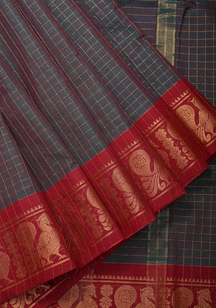 Dark Green Dual tone Zari Checks Pattern on Chettinad Cotton Saree with Contrast Zari Border, No Blouse Peice