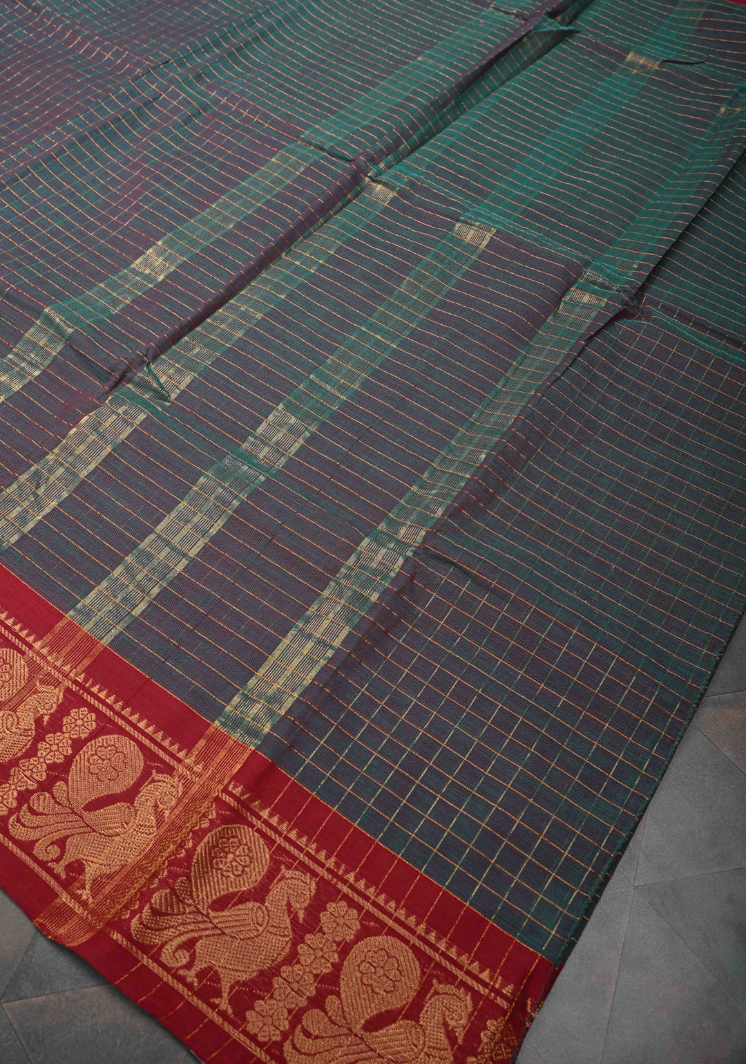 Dark Green Dual tone Zari Checks Pattern on Chettinad Cotton Saree with Contrast Zari Border, No Blouse Peice