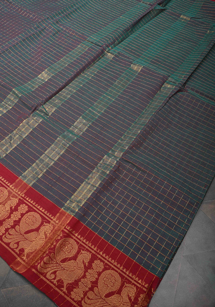 Dark Green Dual tone Zari Checks Pattern on Chettinad Cotton Saree with Contrast Zari Border, No Blouse Peice