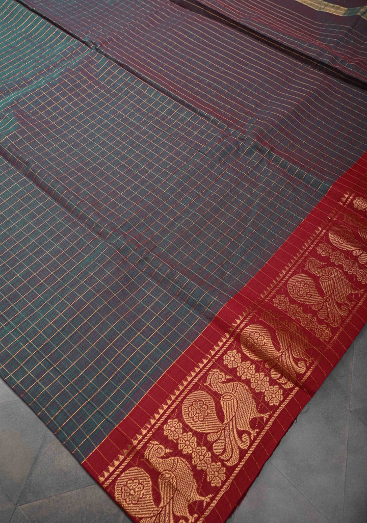 Dark Green Dual tone Zari Checks Pattern on Chettinad Cotton Saree with Contrast Zari Border, No Blouse Peice