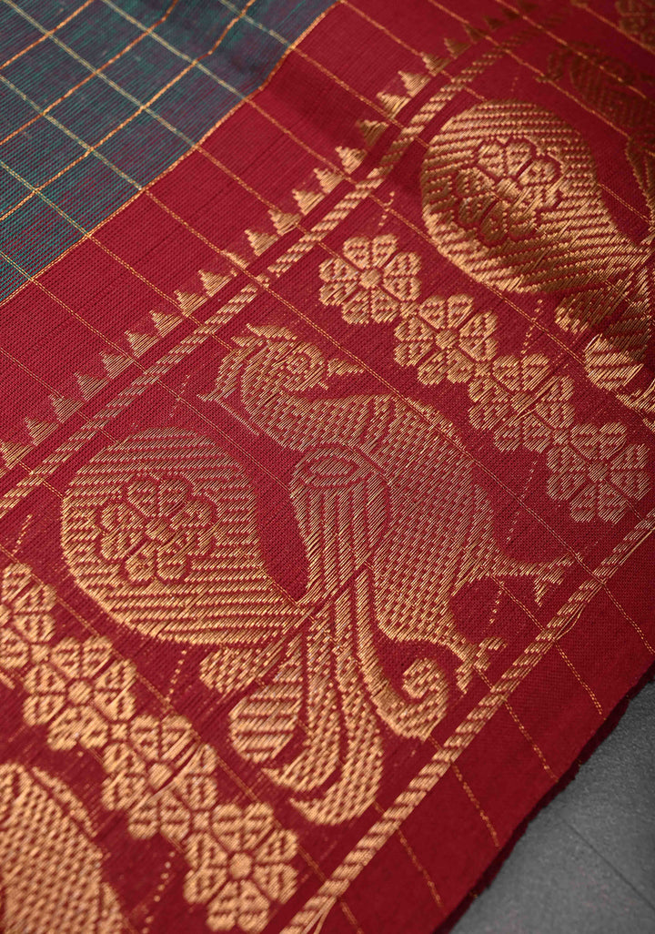 Dark Green Dual tone Zari Checks Pattern on Chettinad Cotton Saree with Contrast Zari Border, No Blouse Peice