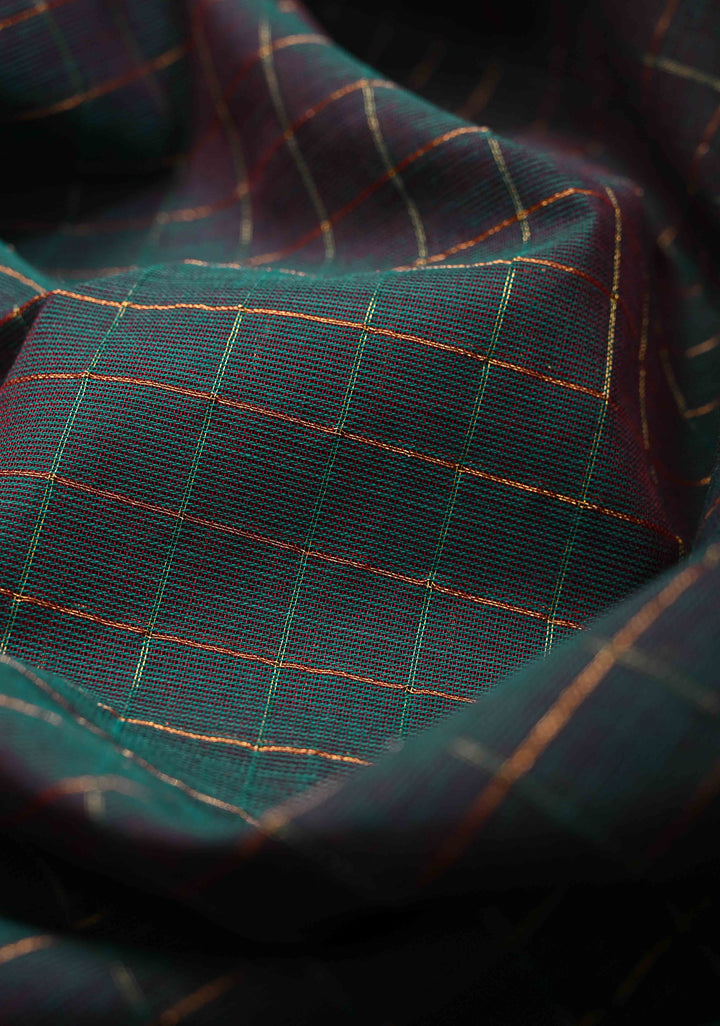 Dark Green Dual tone Zari Checks Pattern on Chettinad Cotton Saree with Contrast Zari Border, No Blouse Peice