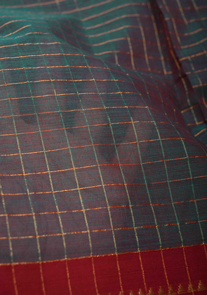 Dark Green Dual tone Zari Checks Pattern on Chettinad Cotton Saree with Contrast Zari Border, No Blouse Peice