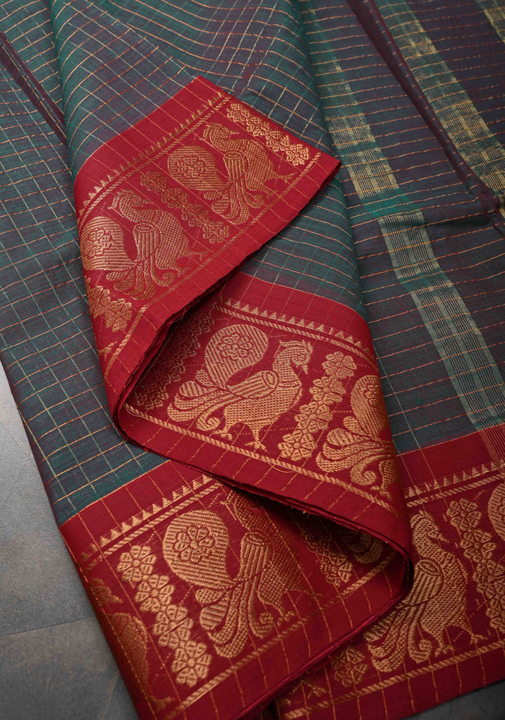 Dark Green Dual tone Zari Checks Pattern on Chettinad Cotton Saree with Contrast Zari Border, No Blouse Peice