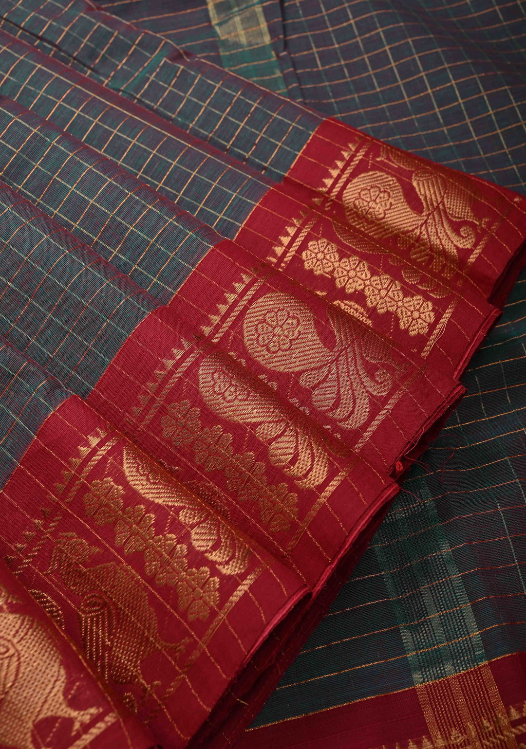 Dark Green Dual tone Zari Checks Pattern on Chettinad Cotton Saree with Contrast Zari Border, No Blouse Peice