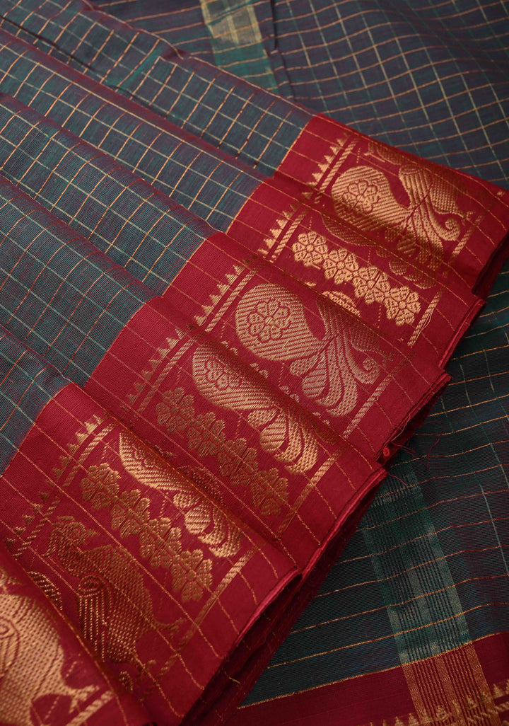 Dark Green Dual tone Zari Checks Pattern on Chettinad Cotton Saree with Contrast Zari Border, No Blouse Peice