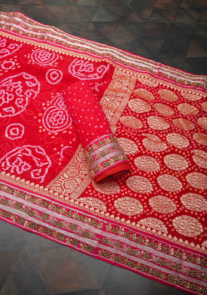 Red Authentic Sarkam Bandhej Silk Georgette Saree with Cutdana HandWork In Border | SILK MARK CERTIFIED