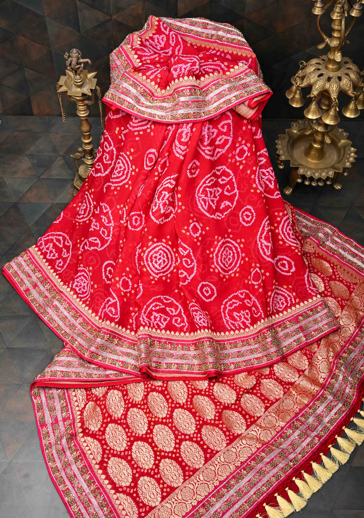 Red Authentic Sarkam Bandhej Silk Georgette Saree with Cutdana HandWork In Border | SILK MARK CERTIFIED