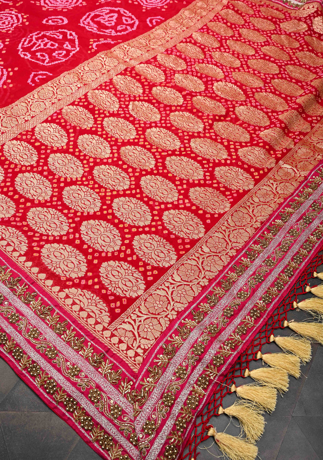Red Authentic Sarkam Bandhej Silk Georgette Saree with Cutdana HandWork In Border | SILK MARK CERTIFIED