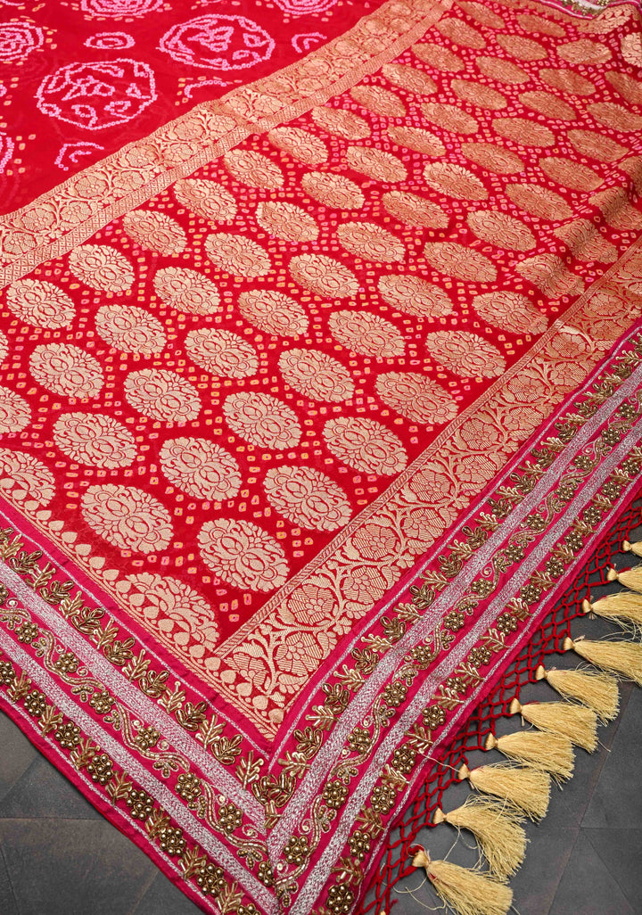 Red Authentic Sarkam Bandhej Silk Georgette Saree with Cutdana HandWork In Border | SILK MARK CERTIFIED