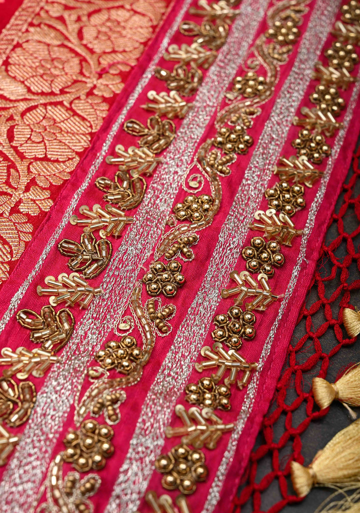 Red Authentic Sarkam Bandhej Silk Georgette Saree with Cutdana HandWork In Border | SILK MARK CERTIFIED