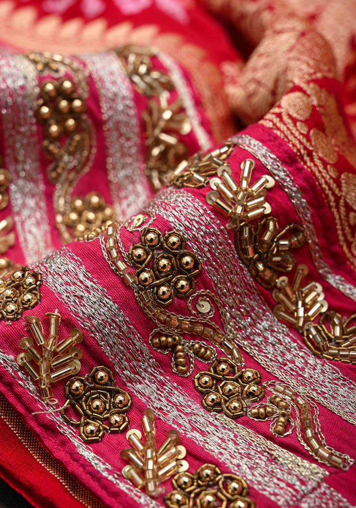 Red Authentic Sarkam Bandhej Silk Georgette Saree with Cutdana HandWork In Border | SILK MARK CERTIFIED
